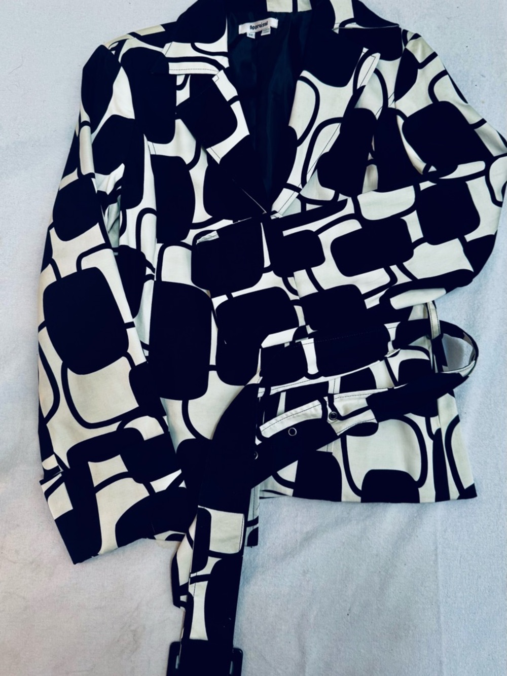 Geometric Black & White Belted Trench Coat by Sag Harbor